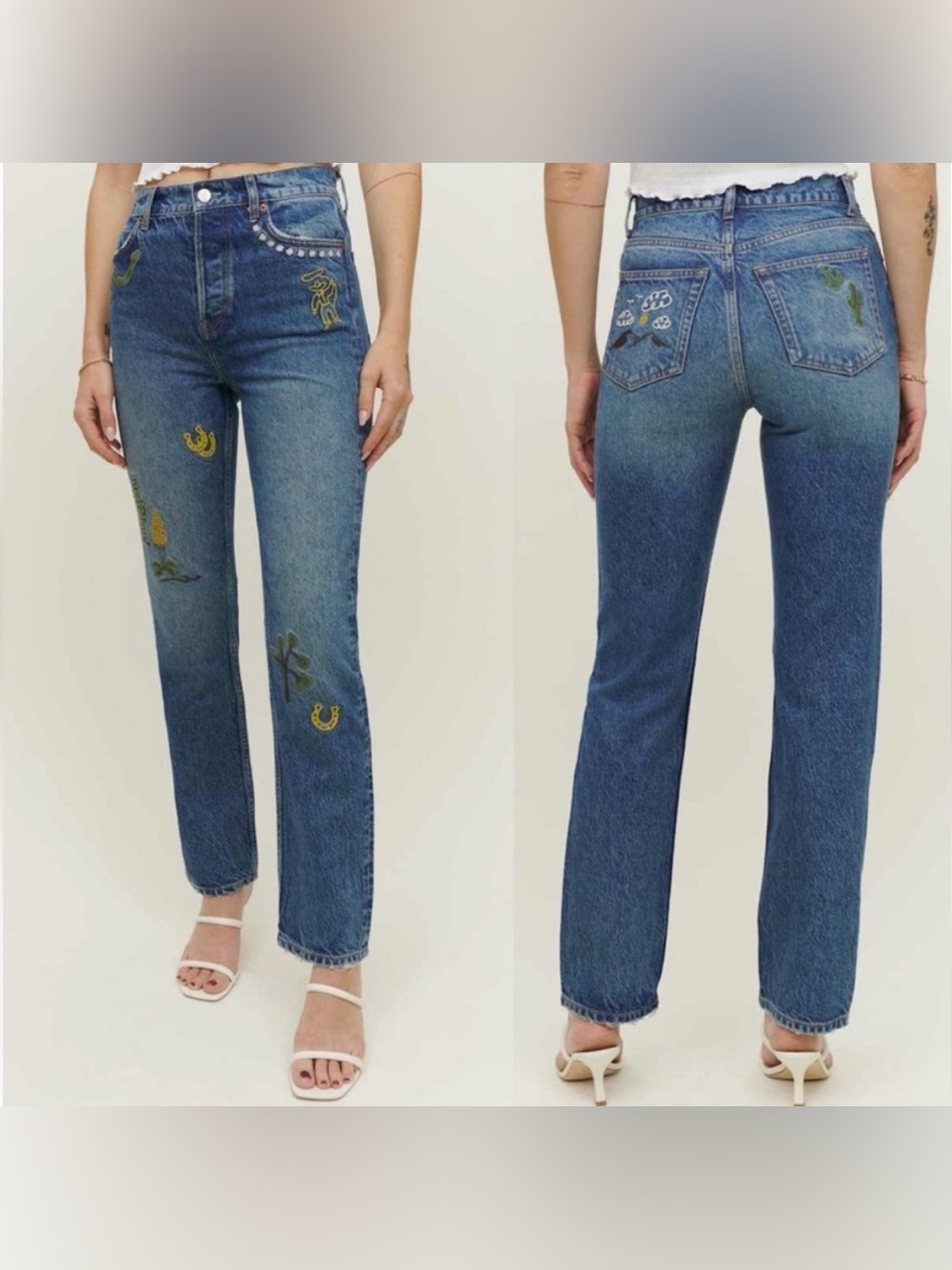 Reformation Women’s Cowboy Embroidered High Rise Straight Jeans Button Fly Sz 27